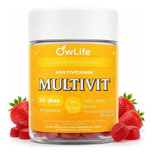 Gomitas Multivitaminico Owlife Multivit Biotina Vitamina B12 Complejo B Vitaminas A C D E 60 Gomitas Sin Azucar Sabor Frutilla