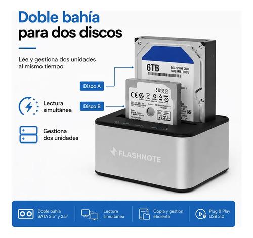 Docking Station Flashnote Dock Base Disco Duro 2.5 3.5 Pulgadas Sata Usb 3.0 Dual Doble Bahia Slots Hdd Ssd Backup Clonar Multilector Adapta - imagen 4