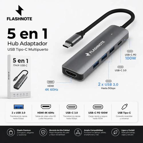 Hub Adaptador Flashnote Usb Tipo C Usb-c 5 En 1 Multipuerto Hdmi 4k 60hz Usb 3.0 Usb-c Pd 100w Carga Rapida Aluminio Mac Macbook Windows Not - imagen 6