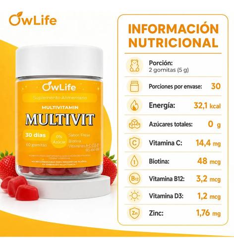 Gomitas Multivitaminico Owlife Multivit Biotina Vitamina B12 Complejo B Vitaminas A C D E 60 Gomitas Sin Azucar Sabor Frutilla - imagen 8
