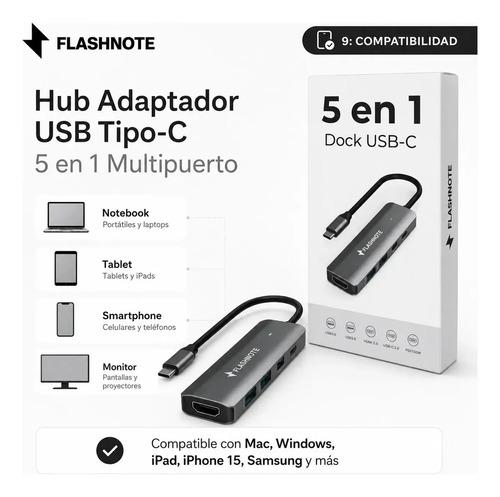 Hub Adaptador Flashnote Usb Tipo C Usb-c 5 En 1 Multipuerto Hdmi 4k 60hz Usb 3.0 Usb-c Pd 100w Carga Rapida Aluminio Mac Macbook Windows Not - imagen 3