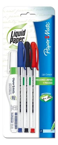 Set Corrector Liquid Paper + 3 Lapiz Pasta Negro Azul Rojo