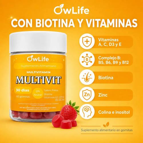 Gomitas Multivitaminico Owlife Multivit Biotina Vitamina B12 Complejo B Vitaminas A C D E 60 Gomitas Sin Azucar Sabor Frutilla - imagen 7