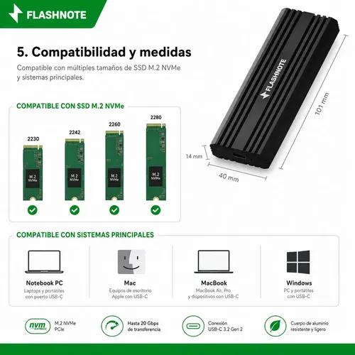 Cofre Case Carcasa Flashnote Ssd M.2 Nvme Pcie Usb-c Usb-a 3.2 Gen2x2 20gbps Aluminio Adaptador Disco Duro Solido Externo Portatil Alta Velo - imagen 5