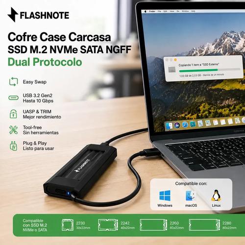 Cofre Case Carcasa Flashnote Disco Ssd M.2 Nvme Sata Ngff Dual Protocolo Usb-c Usb-a 3.1 3.2 Gen2 10gbps Aluminio Adaptador Disco Duro Solid - imagen 8