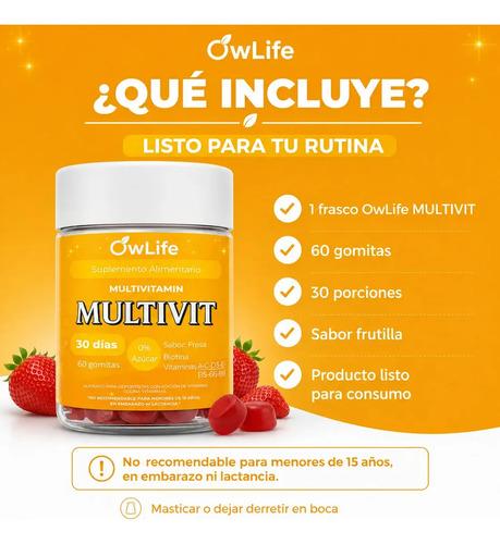 Gomitas Multivitaminico Owlife Multivit Biotina Vitamina B12 Complejo B Vitaminas A C D E 60 Gomitas Sin Azucar Sabor Frutilla - imagen 5