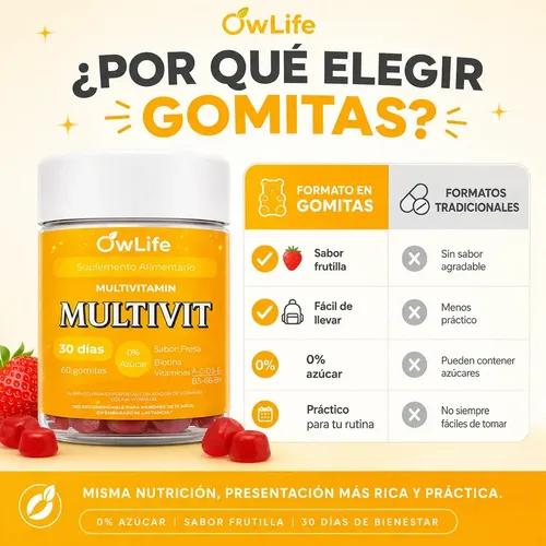 Gomitas Multivitaminico Owlife Multivit Biotina Vitamina B12 Complejo B Vitaminas A C D E 60 Gomitas Sin Azucar Sabor Frutilla - imagen 4