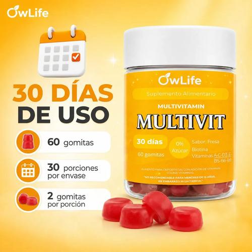 Gomitas Multivitaminico Owlife Multivit Biotina Vitamina B12 Complejo B Vitaminas A C D E 60 Gomitas Sin Azucar Sabor Frutilla - imagen 6