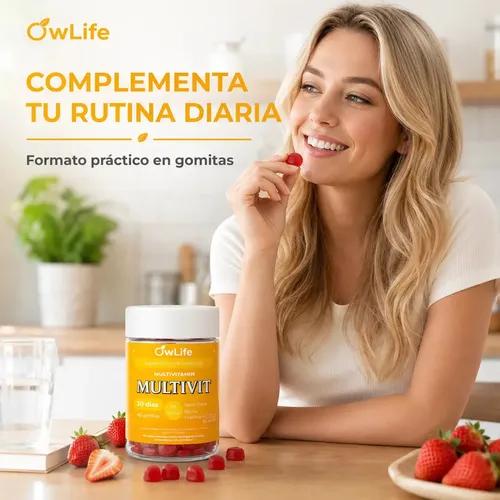 Gomitas Multivitaminico Owlife Multivit Biotina Vitamina B12 Complejo B Vitaminas A C D E 60 Gomitas Sin Azucar Sabor Frutilla - imagen 3