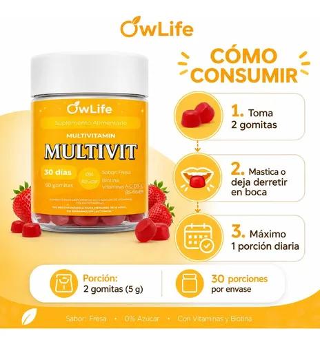 Gomitas Multivitaminico Owlife Multivit Biotina Vitamina B12 Complejo B Vitaminas A C D E 60 Gomitas Sin Azucar Sabor Frutilla - imagen 2