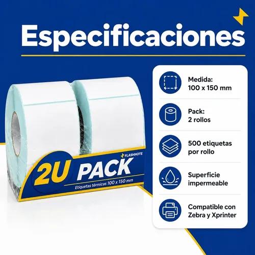 Etiquetas Térmicas Autoadhesivas Rollo 100x150mm Flashnote Pack X2 500 Etiquetas Por Rollo Superficie Impermeable Para Envios Resistente Al  - imagen 2