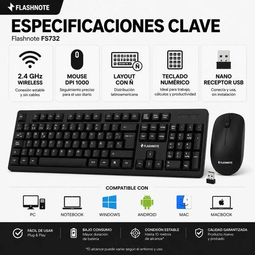 Combo Teclado Mouse Inalambrico Flashnote 2.4ghz Wireless Latinoamericano Ñ Numerico Pc Notebook Laptop Mac Macbook Windows Android Nano Rec - imagen 3