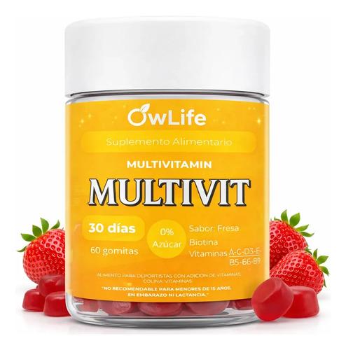 Gomitas Multivitaminico Owlife Multivit Biotina Vitamina B12 Complejo B Vitaminas A C D E 60 Gomitas Sin Azucar Sabor Frutilla