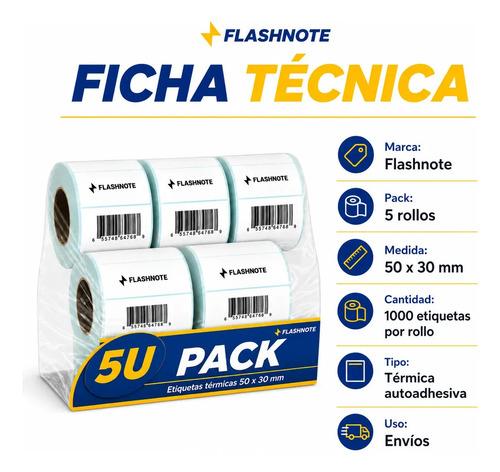 Etiquetas Térmicas Autoadhesivas Rollo 50x30mm Flashnote Pack X5 1000 Etiquetas Por Rollo Superficie Impermeable Para Envios Resistente Al A - imagen 2