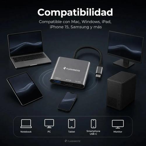 Hub Adaptador Flashnote Usb Tipo C Usb-c 3 En 1 Multipuerto Hdmi 4k 60hz Usb 3.0 Pd 100w Carga Rapida Mac Macbook Windows Notebook Pc iPad i - imagen 3